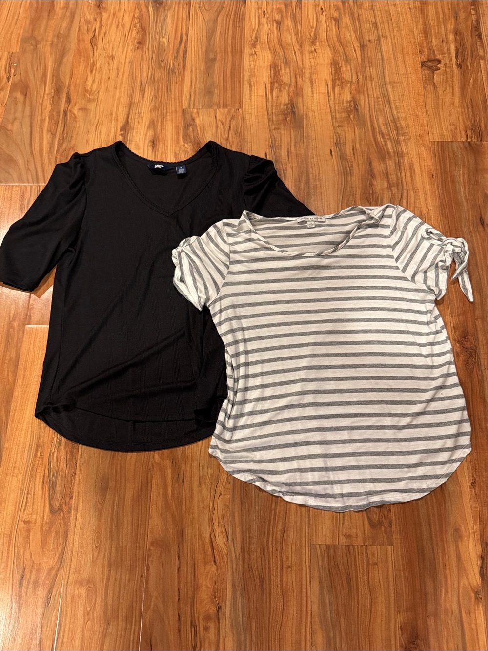 Black V-Neck Top and Gray Striped Tie-Sleeve Tee - Women small